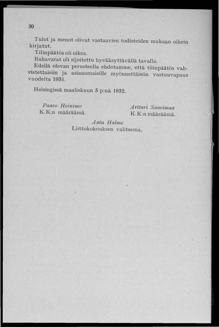 30 Tulot ja menot olivat vastaavien todisteiden mukaan oikein kirjatut. Tilinpäätös oli oikea. Rahavarat oli sijoitettu hyväksyttävällä tavalla.