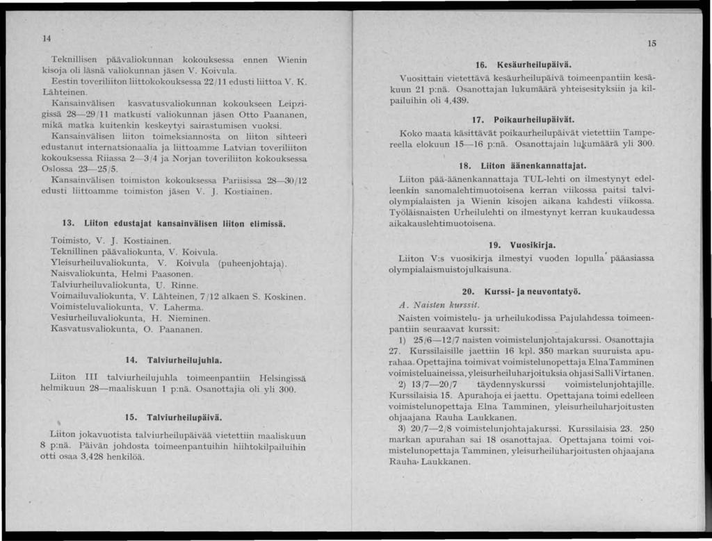 14 Teknillisen päävaliokunllan kokouksessa ennen Wienin kisoja oli läsnä valiokunnan jäsen V. Koivula. Eestin toveri liiton liittokokouksessa 22 / 11 edusti liittoa V. K Lähteinen.