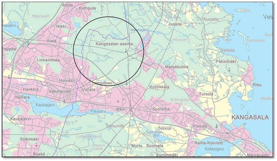 MELUSELTYS, LAHDTE T12 JA JYÄSKYLÄN RATA 1 1. YLESTÄ Kangasalan kunnan Lainrahkan alueelle laaditaan yleiskaavaa. Suunnitteilla on rakentaa kokonaan uusi asuin- ja työpaikka-alue noin 8 asukkaalle.