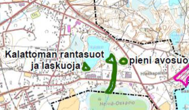 - 6 - Kuva 1 arvoaimmat luontoohteet. -Pieni avosuo Kalatoman lammen aaoispuolella sijaitsee pieni nimetön avosuo.