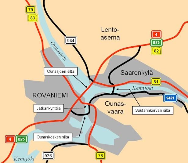 29 eli Kuusamontie 81 (Kuva 2). Nelostie sekä Kantatiet 79 ja 81 ovat Rovaniemen keskustan kohdalla nelikaistaisia. Kuva 2. Rovaniemen kaupungin keskiosan merkittävimmät tiet (Lähde: http://www.