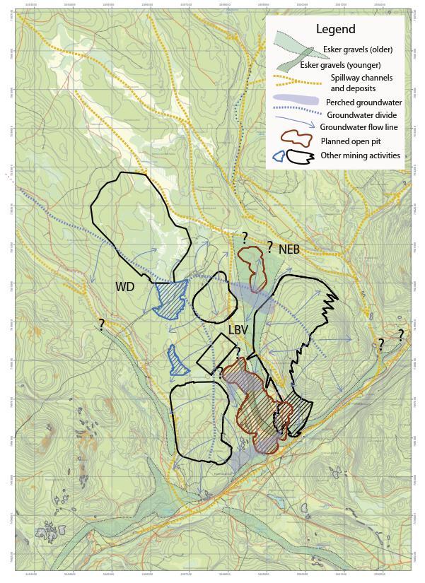 80 Kuva 75-2. Helsingin yliopiston mallintama pohjavesialueiden raja. Kuvassa on esitetty vanhat läjitysaluesuunnitelmat (Salonen ym. Synthesis-environmental geological implications.