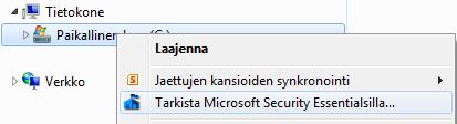 Virustarkistus Useat virustorjuntaohjelmat tekevät resurssienhallinnan pikavalikoihin omat virustarkistuskomentonsa - näin tekee myös Microsoft Security Essentials.