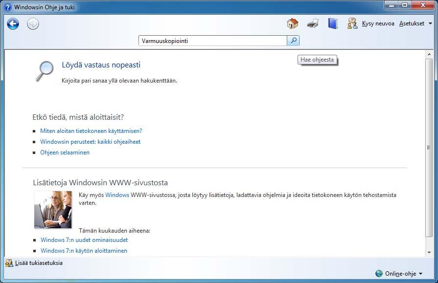 Ohjeen (Help) käyttö Windows 7 Jokainen tarvitsee joskus opastusta tietoteknisiin tehtäviin. Windows 7 pitää sisällään käytönaikaiset ohjetiedostot.