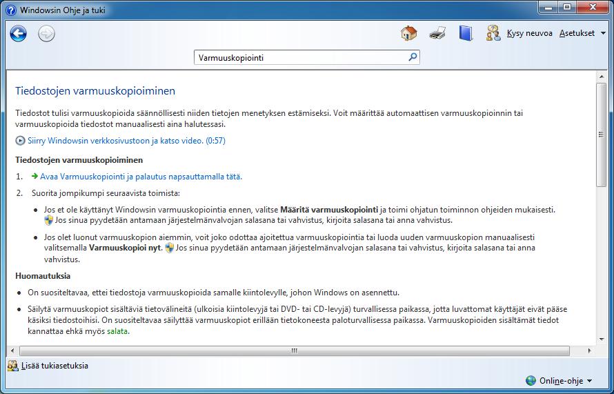 Ohjeen lukeminen Kuva 142 Tiedostojen varmuuskopioiminen - ohjeaihe Lue ohje huolella ja suorita siinä kerrotut tehtävät. Ohje on metatietoa, siinä on linkkejä toimintoihin.