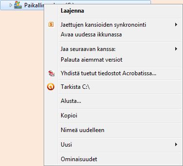 Yleensä objektin pikavalikossa viimeisenä (suunnilleen) toimintona on Ominaisuudet (Properties) -komento, jolla objektille (sivut 30 ja 57) voi määrittää ominaisuuksien asetuksia.