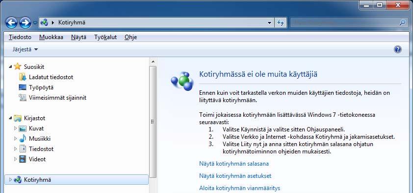 Kuva 45 Resurssienhallinnan (Windows Explorer) ikkuna Napsauta siirtymäruudussa Kotiryhmä (Homegroup) -komentoriviä.