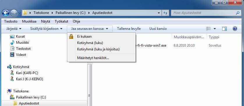 Resurssien jakaminen Voit jakaa muille käyttäjille näkyviin muitakin oman laitteesi resursseja kuin oletusarvoiset. Valitse ensin kansio tai levy jonka aiot jakaa.