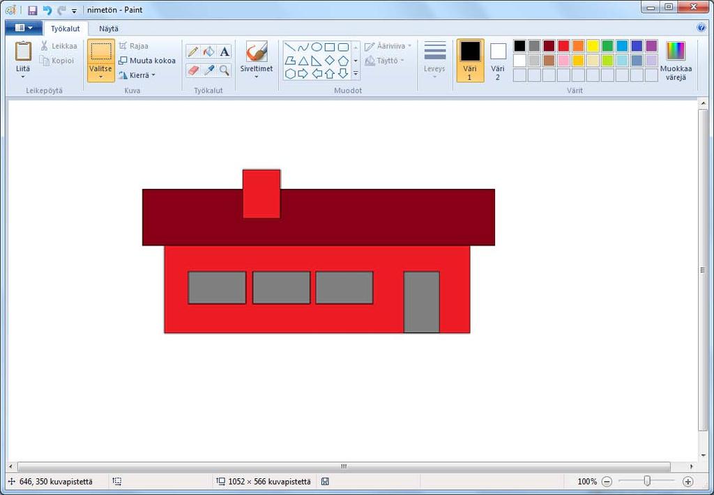 ? Piirroksen tuottaminen Vaikket taiteilija olisikaan, piirrä Paintilla omakotitalon kuva. Piirto-osoitin Kuva 70 Paint- piirros Kuvassa näet Paint-ohjelmalla piirretyn omakotitalon.