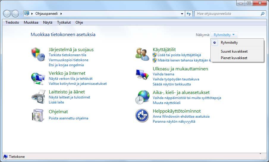 Ohjauspaneeli (Control Panel) Windows 7 Ohjauspaneeli (Control Panel) -ohjelman työkaluilla mukautat laitteen, työpöydän ja ohjelmien asetuksia.