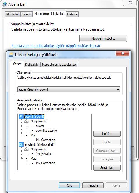 Näppäimistö (Keyboard) Aika-, kieli- ja alueasetukset (Clock, Language, and Region) -ryhmän Vaihda näppäimistöä tai muita syöttötapoja (Change keyboards or other input methods) -painiketta