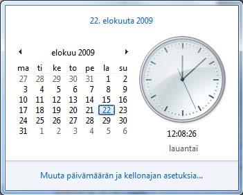 Kuva 84 Ohjauspaneeli Kellon ja kalenterin voit asettaa aikaan Ohjaspaneelin Aika-, kieli- ja alueasetukset (Clock, Language and Region) -komennolla esiin tulevan ikkunan Päivämäärä ja aika (Date and