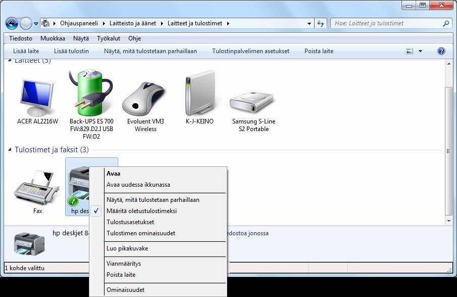 Tulostimet (Printers) Napsauttamalla ohjauspaneelissa Laitteisto ja äänet (Hardware and Sound) -ryhmän linkkiä Laitteet ja tulostimet (Devices and Printers) pääset määrittämään omien tulostimiesi