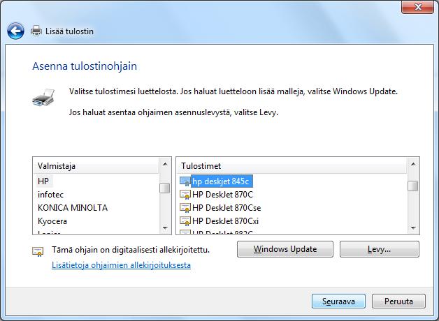 Kuva 97 Tulostinohjaimen valitseminen Valitse seuraavassa vaiheessa tulostimen valmistaja ja hae
