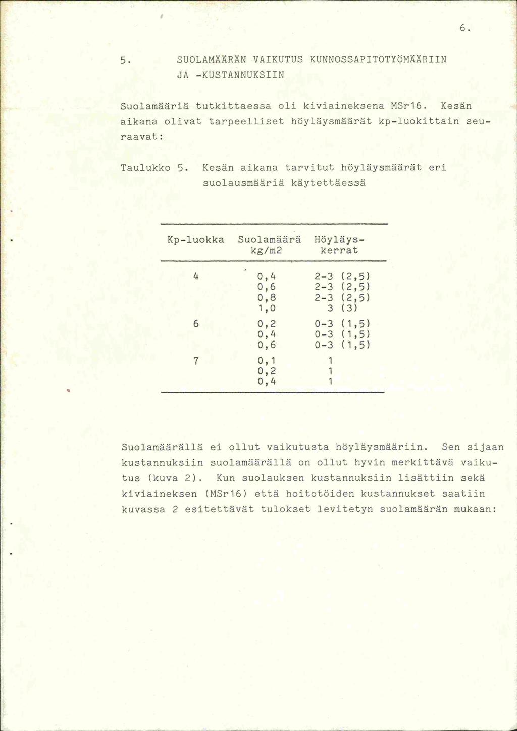 5. SUOLAMÄÄRÄN VAIKUTUS KUNNOSSAPITOTYÖMÄÄHIIN JA -KUSTANNUKSIIN Suolarnääriä tutkittaessa oli kiviaineksena MSr16. Kesän aikana olivat tarpeelliset höyläysmäärät kp-luokittain seuraavat: Taulukko 5.