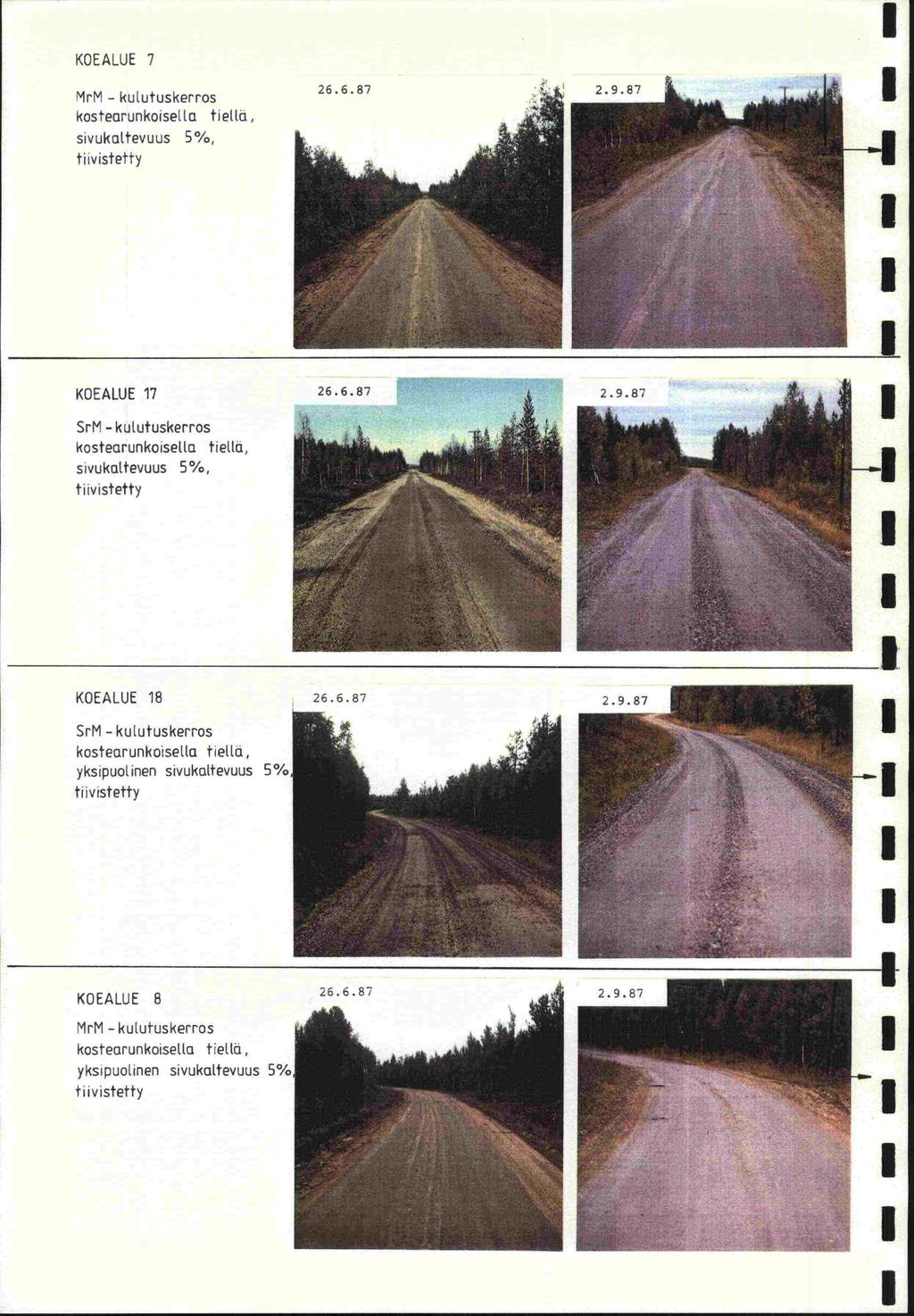 KOEALUE 7 MrM - kulutuskerros kosteorunkoisellu tieltä, sivukattevuus 5% ti ivistetty - KOEALUE 17 SrM - kututuskerros kostecirunkoiseuu tieltä, sivukoltevuus 5%, tilvistetty KOEALUE 18 SrM -