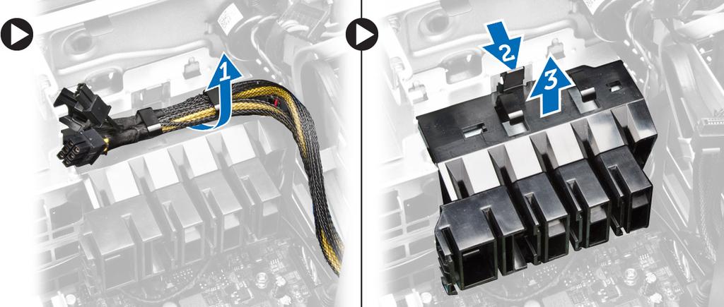 PCIe-kortin kiinnikkeen asentaminen 1. Aseta PCIe-kortin kiinnike ja salvat paikoilleen. 2. Vedä kaapelit klipsien läpi. 3. Asenna seuraavat: a. PCIe-kortit b. tietokoneen kansi 4.