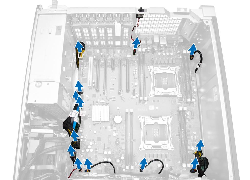 33. sisäinen tyypin A USB-liitäntä 34. CPU2-virtaliitäntä Emolevyn irrottaminen 1. Noudata Ennen kuin avaat tietokoneen kannen -kohdan ohjeita. 2. Irrota seuraavat: a. tietokoneen kansi b.