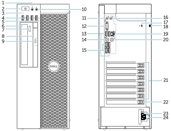 Järjestelmän yleiskatsaus Kuva 1. T7810-tietokone edestä ja takaa 1. mikrofoniliitin 2. virtapainike/virran valo 3. kiintolevyn toimintavalo 4. USB 3.0 -liitäntä 5. USB 2.0 -liittimet 6.