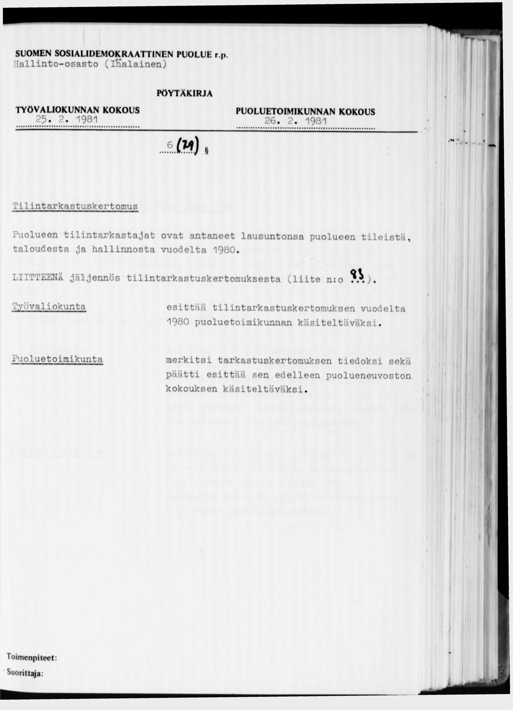 Hallinto-osasto (ikalainen) 25.2.1981 26.2.1981 Tilintarkastuskertomus Puolueen tilintarkastajat ovat antaneet lausuntonsa puolueen tileistä, taloudesta ja hallinnosta vuodelta 1980.