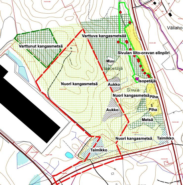 Kuva: Selvitysalueen luontokohteet. Suunnittelualue on rajattu kartalle punaisella katkoviivalla. 3.3 Rakennettu ympäristö Suunnittelualue on rakentamatonta.