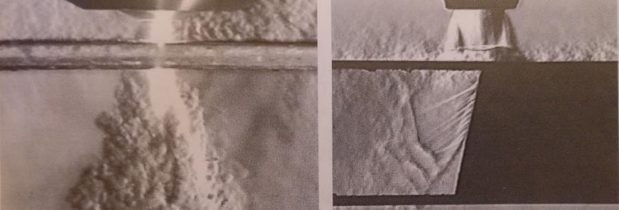 42 Kuva 23. Vasemmalla plasmaleikkaus ja oikealla laserleikkaus schlieren-kuvassa (Settles 2001, s. 247).