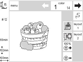 24 Kuviot ja toiminnot Kuviot ja toiminnot Yksivärikuviot paina siveltimen kuvaa Kuvion kirjonta ykisvärisenä kone kirjoo kuvion yhdellä värillä kone pysähtyy kun kuvio on valmis Layout 1 ja 2 Layout
