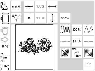 kirjotaan ompeluruudusta Layout 2 valitse layout 2 ompeluruudusta layout 2-ruutu aukeaa muutokset tikintiheydelle (siksak), tikinpituudelle sekä maksimi tikinpituuden määrittäminen näkyvät