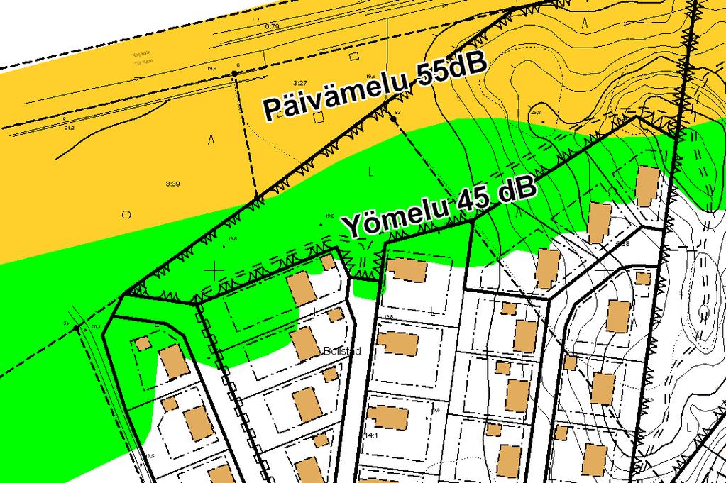 Yöajan 45 db keskiäänivyöhykkeen leviäminen on suunnittelua mitoittava, koska yöajan 45 db melualue leviää suunnitellulla asuinalueella kauemmas kuin päiväajan 55 db melualue.