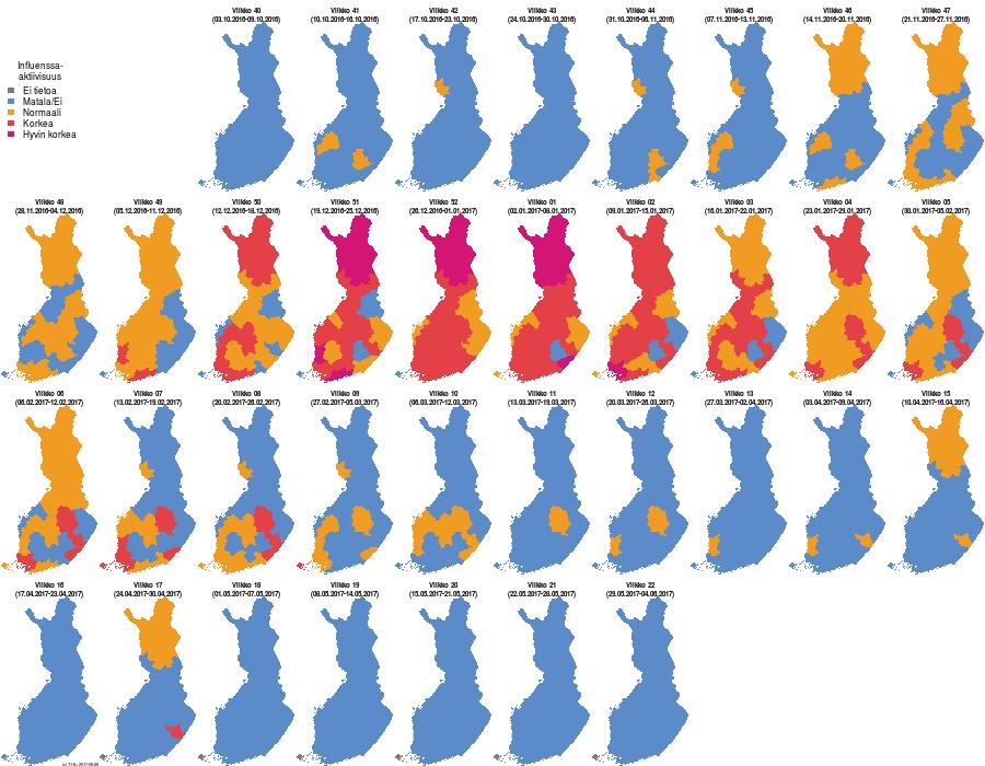 Kuva 6. Influenssaepidemian viikoittainen eteneminen sairaanhoitopiireittäin, influenssakausi 2016 2017.