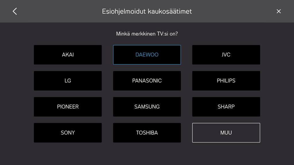 Valitse esiohjelmoidun kaukosäätimen tyyppi TV DVD/BLURAY ÄÄNI 4.