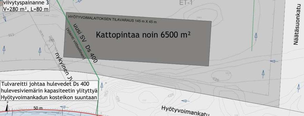 2 Suunnitellun hulevesien hallintajärjestelmän kuvaus Suunnittelualueella hulevesien viivytys esitetään tehtävän keskitetyllä viivytyspainanteella, joka sijoitetaan hyötyvoimalaitoksen tontin