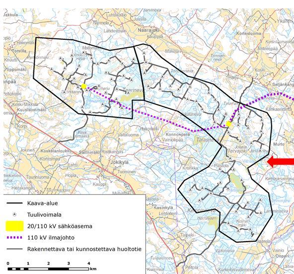 FCG SUUNNITTELU JA TEKNIIKKA OY Kaavaselostus 27 (83) Kuva 11 Tuulivoimapuiston alustava suunnittelualue sekä kaavailtu voimajohtolinjaus