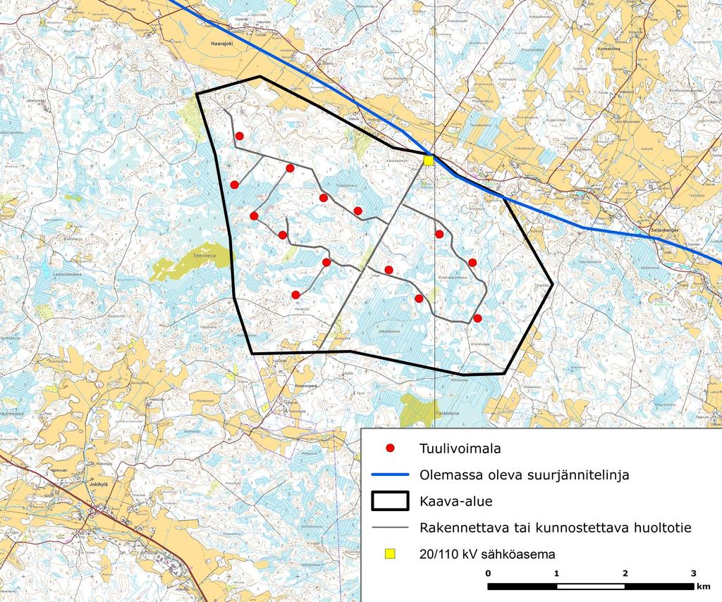 FCG SUUNNITTELU JA TEKNIIKKA OY Kaavaselostus 28 (83) 6.2 Kaavan ehdotusvaihe Kuva 12 Layout ja sähkönsiirto kaavan ehdotusvaiheessa.