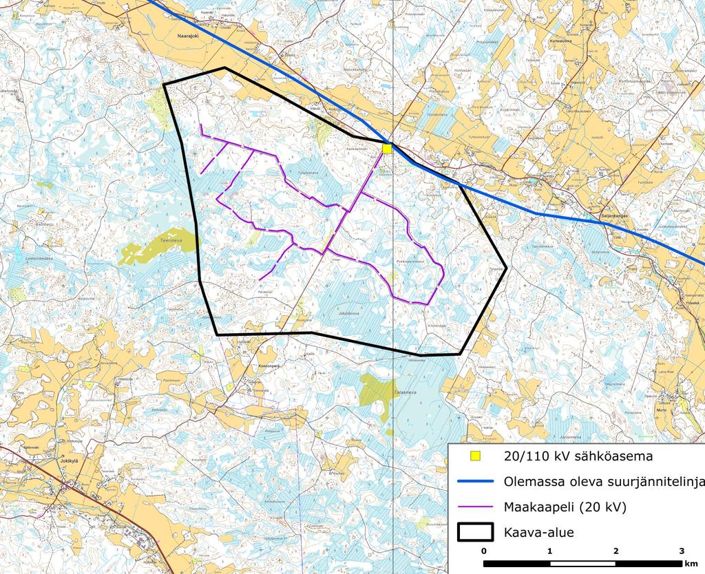 FCG SUUNNITTELU JA TEKNIIKKA OY Kaavaselostus 30 (83) Kuva 14 Kattiharjun tuulivoimapuiston alustava sähkönsiirto.