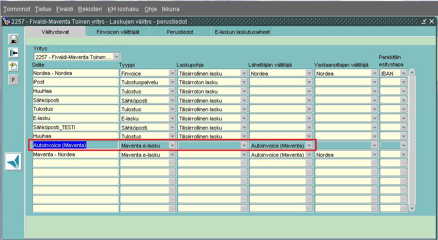 Seuraavissa tilanteissa välitystapoja ei luoda automaattisesti: Finvoice Välittäjät -välilehden Välitystiedoista löytyy: selite: Autoinvoice (Maventa), Välittäjän tunnus: MAVENTA Yritys on jo