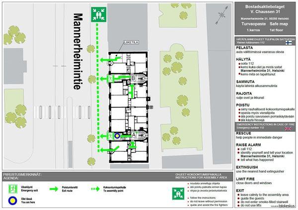 Sivu 14 / 30 3. Rakennuksen turvallisuusjärjestelyt 3.1. Turvallisuuskartat Turvallisuuskartat ovat opastepiirustuksia, joihin on merkitty hätätilanneohjeiden lisäksi turvallisuuteen liittyviä tietoja.