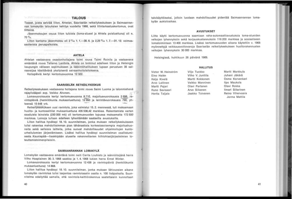 TALOUS Taseet, josta selvää llon, Ahtelan, Saarselän retkelykeskuksen ja Samaanrannan lomakylän talouksen kehtys vuodelta 1968, sekä tlntarkastuskertomus, ovat lttenä.