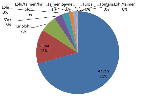 Voimalaitospato Voimalaitospadon kalatiessä nousi yli 4 cm korkeita kaloja yhteensä 1681 kpl. Näistä lohikaloja oli 205 kpl (Kuva 10, Taulukko 3).