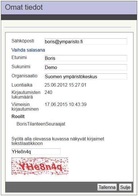 1. Klikkaa Omat tiedot-välilehteä. Uuteen selaimeen aukeaa Omat tiedot -ikkuna (Kuva 3-4). 2. Klikkaa Vaihda Salasana -linkkiä. 3. Syötä esiin tuleviin Salasana-kenttiin uusi salasanasi.