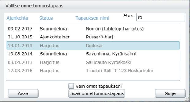 Valitsemalla Kyllä ohjelma avaa viimeisimpään tilannekuvaan avatut aineistot ja onnettomuustapauksen merkinnät. Tilannekuvista kerrotaan lisää osiossa 4.7.11.