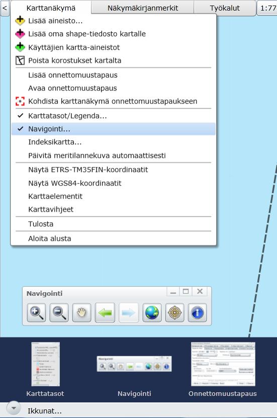 Ruksista suljetut apuikkunat (Karttatasot, Navigointi ja Indeksikartta) saa takaisin näkyviin myös vasemman ylälaidan Karttanäkymä-valikosta klikkaamalla halutun apuikkunan nimeä (Kuva 4-7).