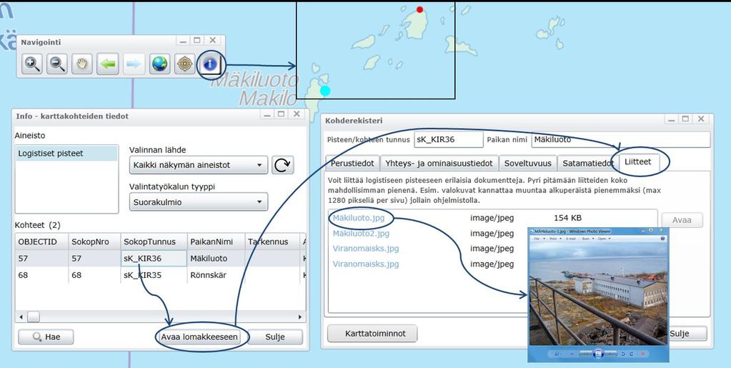 Kuva 4-13 on esitetty esimerkki aineiston Logistiset pisteet tietojen avaamisesta omaan lomakkeeseensa. Katso kohta 4.6.1.1 aineiston lisäämisestä kartalle.