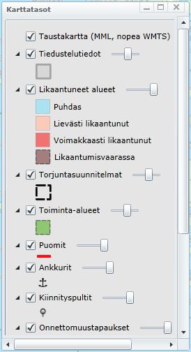 Aineiston nimen edessä olevia nuolia klikkaamalla voidaan piilottaa/näyttää aineiston esitystavasta kertovat tiedot. Ruksitus aineiston edessä tarkoittaa, että aineisto on kartalla piirrossa.