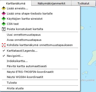 Siirrä kartalla alemmas -toiminnon avulla aineisto voidaan siirtää karttatasolistauksessa alaspäin. Kartalle piirretään päällimmäiseksi karttatasolistauksen viimeinen aineisto.