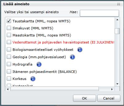 laatikko ja klikataan sen jälkeen OK, jolloin valitut aineistot piitryvät kartalle (Kuva 4-19). Jo piirrossa olevat aineistot näkyvät Lisää aineisto-ikkunassa ruksitettuina. Kuva 4-19.