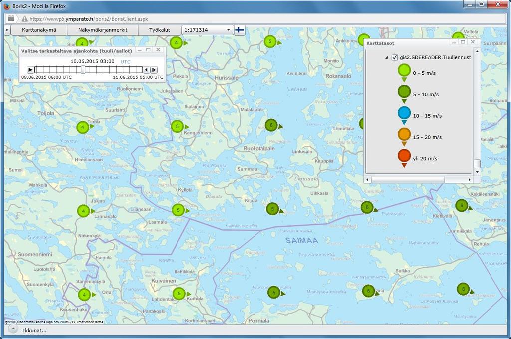 Kuva 4-23. Esimerkki Lisää aineisto... -valikon kautta lisätystä tuulitiedosta. 4.6.1.2. Käyttäjien omien aineistojen tai satelliittikuvien lisääminen kartalle Valmiina BORIS-järjestelmässä olevien aineistojen lisäämisen (kts.