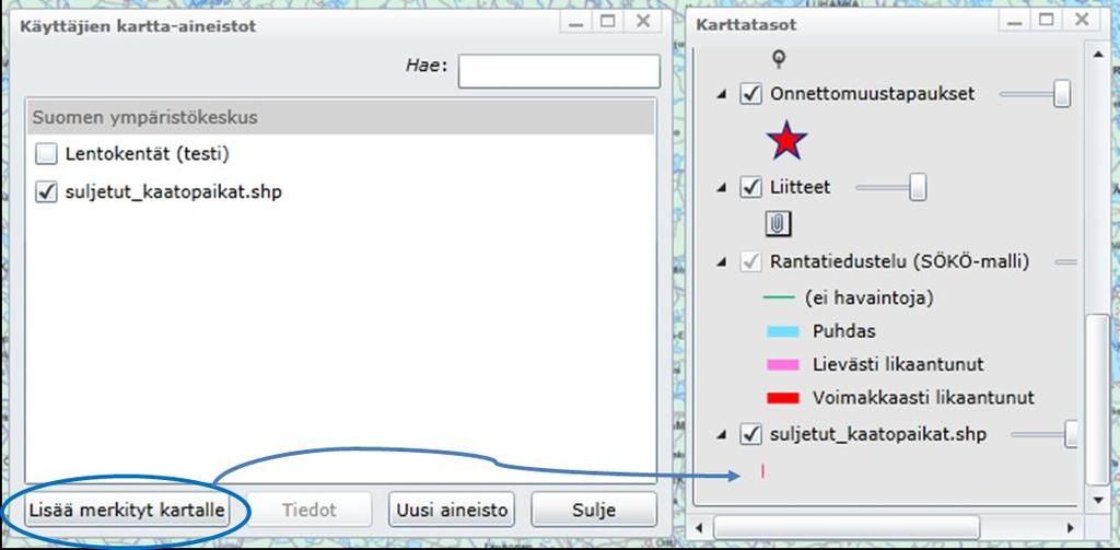 Kuva 4-26. Käyttäjien lisäämien kartta-aineistojen lisääminen kartalle.