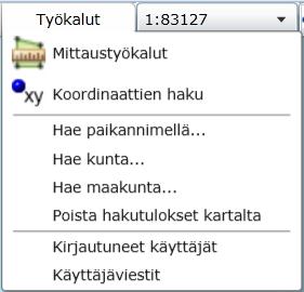 4.6.3. Työkalut-valikko Työkalut-valikkoon on koottu mm. karttanäkymän tarkasteluun liittyviä työkaluja (Kuva 4-34). Kuva 4-34. Työkalut-valikko. 4.6.3.1.