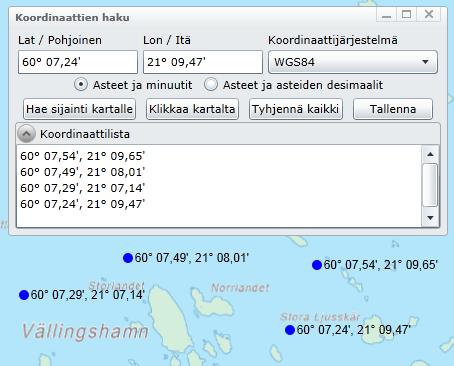 Kuva 4-37. Koordinaattien haku -työkalun toiminta Työkalulla voi valita haluamansa koordinaattijärjestelmän ikkunan oikeasta laidasta.